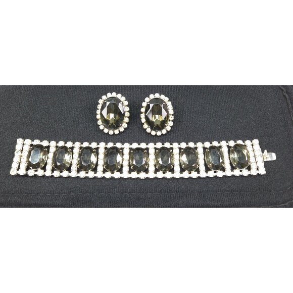 Vintage Smoke and Ice Crystal Rhinestone Bracelet & Earrings Set Oval - Picture 13 of 16